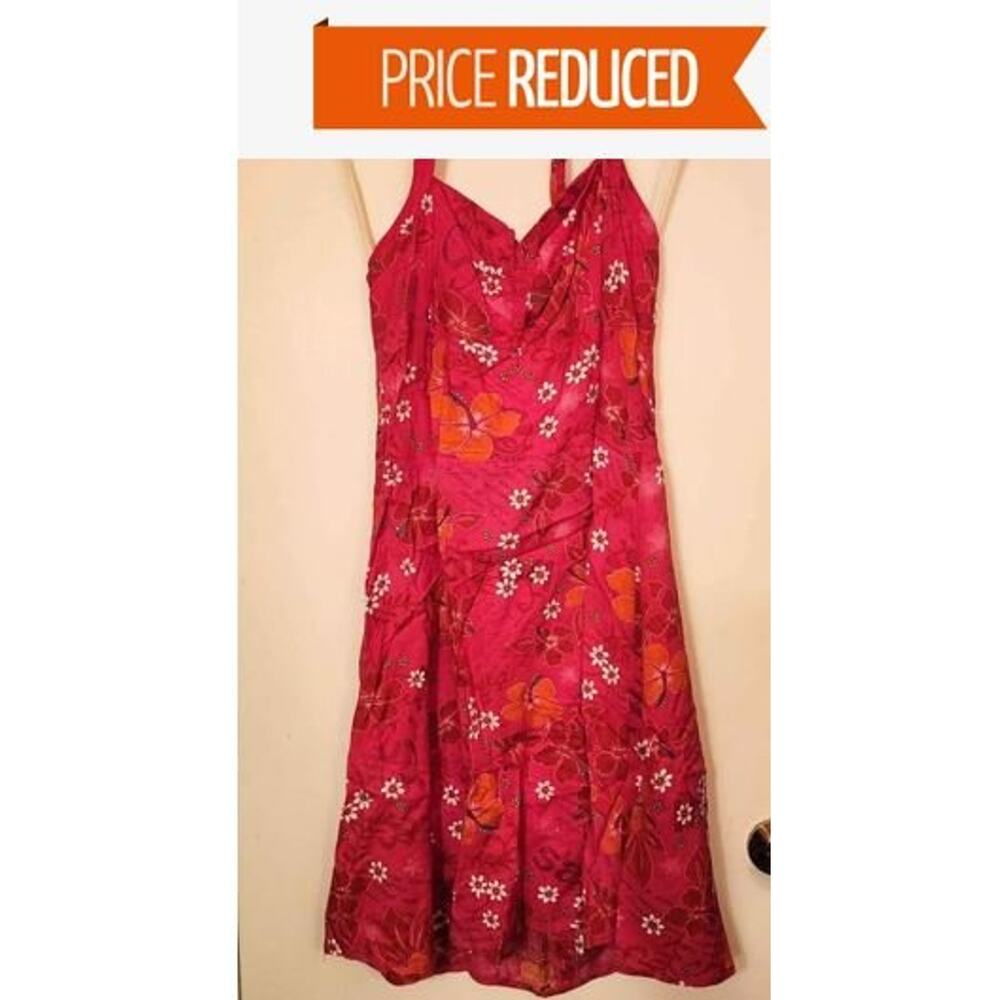 Aqua Blues Dress Tropical Dark Pink Floral Halter Neck Women's Size L / Large